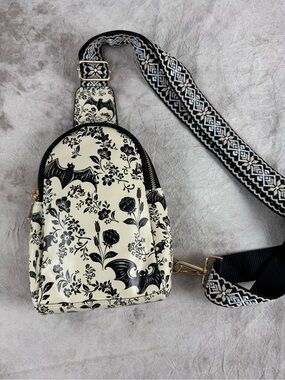 Cream and Black Floral Bat Pattern Crossbody Sling Bag